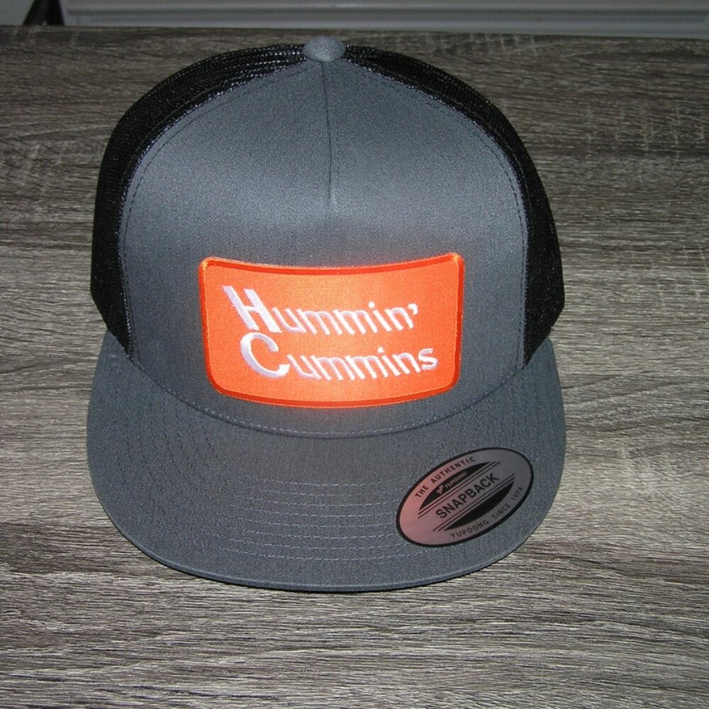 Hummin' Cummins Patch on Trucker Hat Yupoong Classic 6006 Snapback Grey/Black